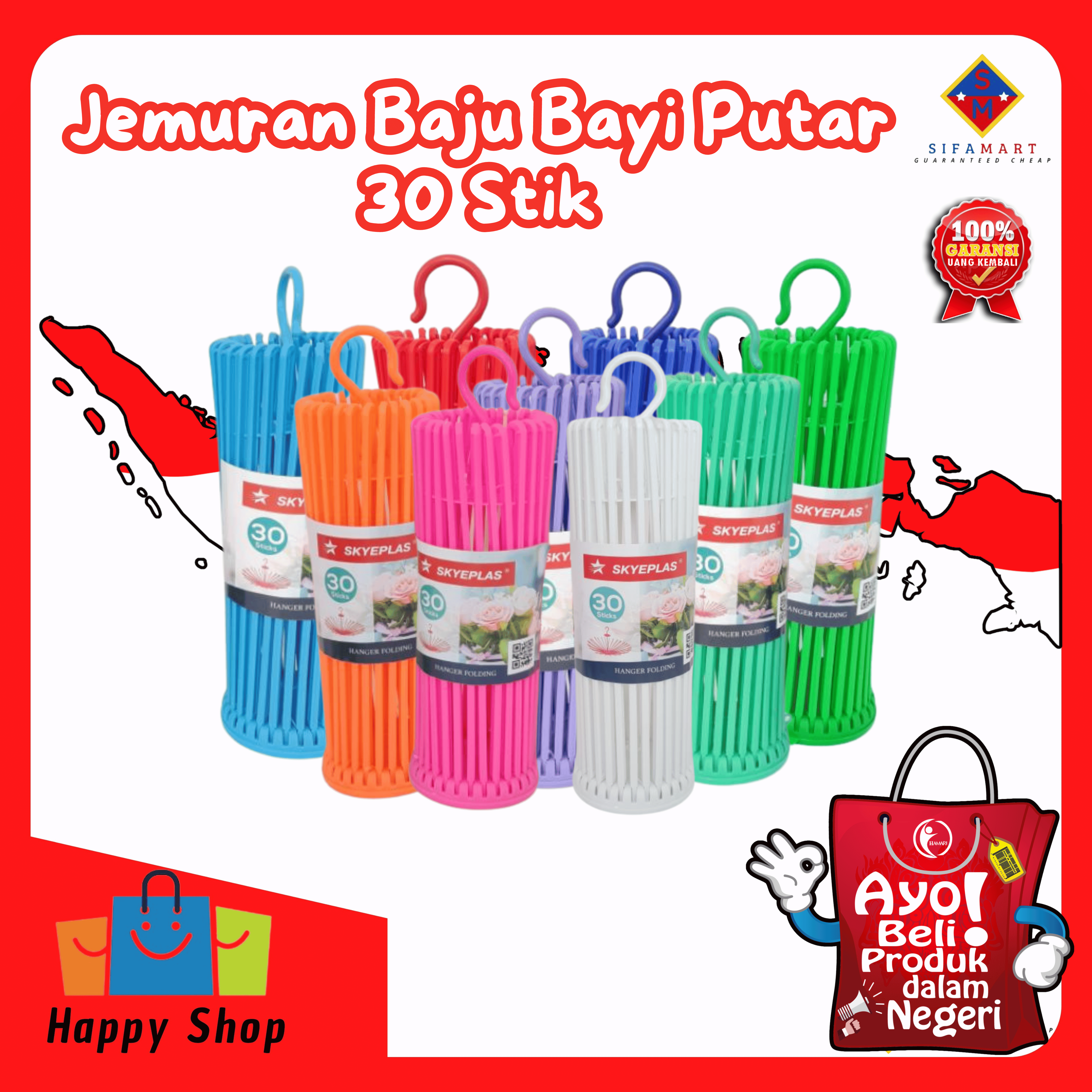 (PROMO TERBATAS) Hanger 30 stick atau 20 Sticks stik Gantungan Baju Bayi Popok Hanger Bulat - Termurah Jemuran Folding 30STIK WARNA Harga 7,500 rupiah*Gratis Ongkir