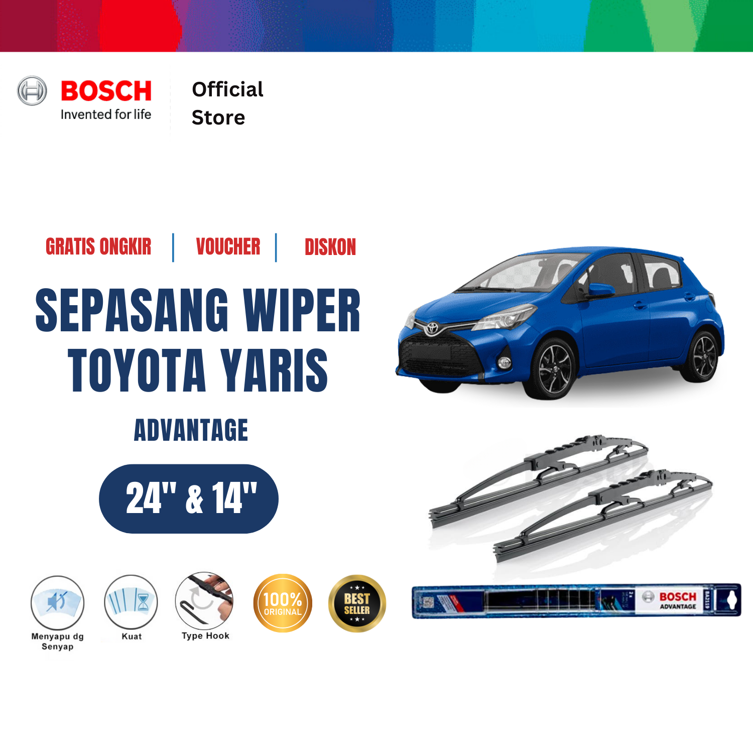 Bosch Sepasang Wiper Kaca Mobil Toyota Yaris 2006 on Advantage 24 dan 14 inchi Harga 134,130 rupiah*Gratis Ongkir