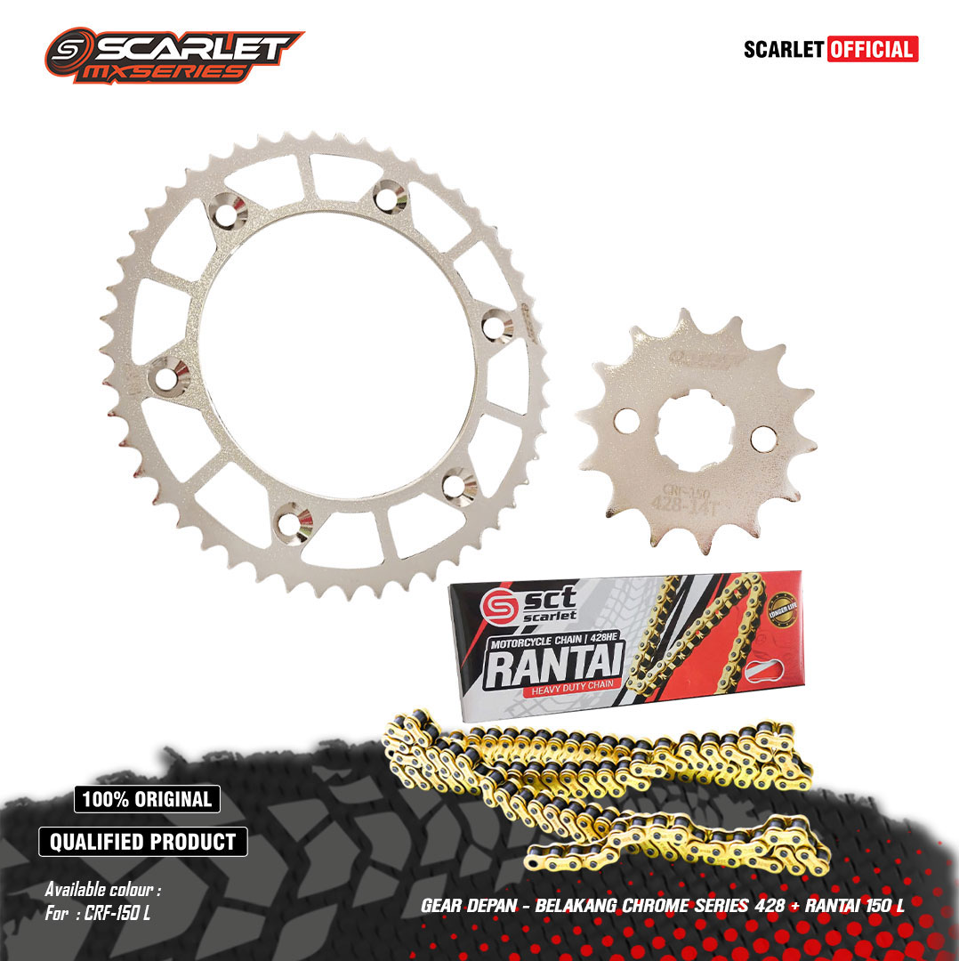 Scarlet Racing - Chrome Series Crf 428 Front Rear Gear Set Plus Gold Chain 150L Harga 324,500 rupiah*Gratis Ongkir