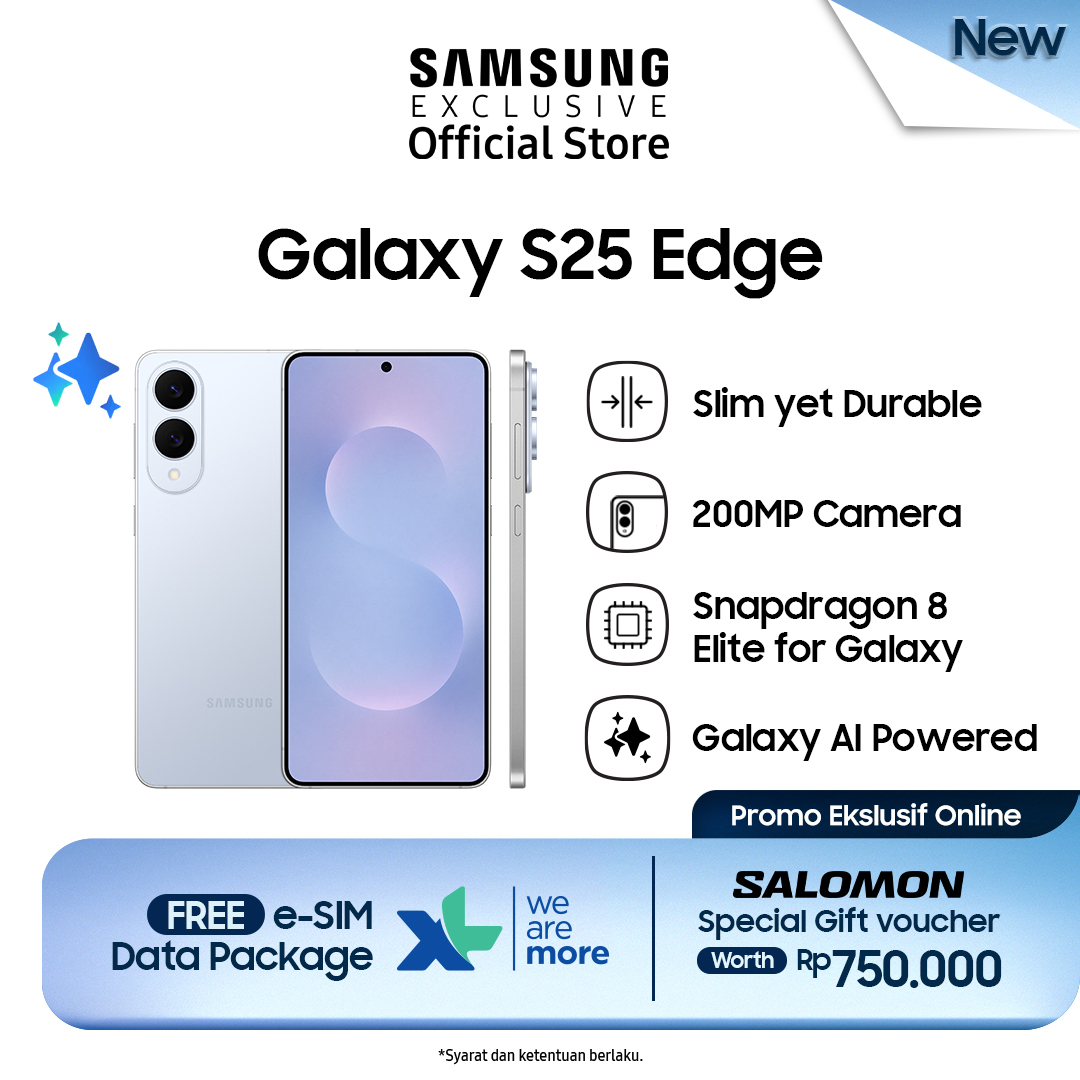 Samsung Galaxy S25 Edge 12/512GB (Free Upgrade dari 12/256GB) - Online Exclusive Color Titanium Icyblue | Smartphone AI | Handphone tipis | Prosesor kuat Harga  19,499,000 rupiah*Gratis Ongkir