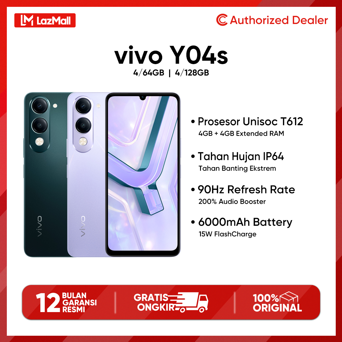Vivo Y04S 4/64Gb 4/128Gb Ip64 Dust and Splash Water Resistant 6000Mah Official Warranty New 2025 Cod Giá 1,399,000 Đồng*Miễn phí vận chuyển