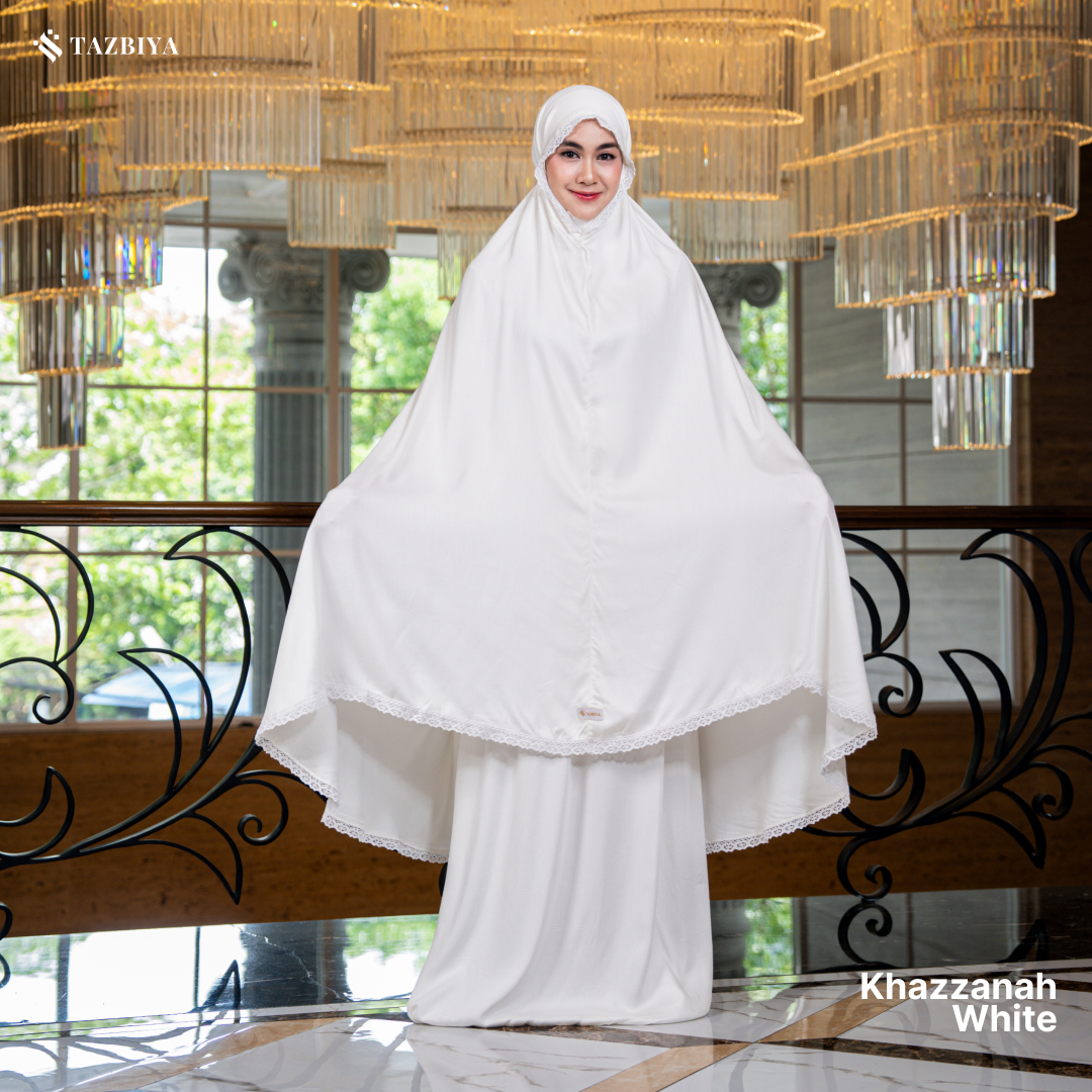Tazbiya Khazzanah White Plain White Lace Mukena Allsize Adult | Hajj Umrah pernikahan hadiah