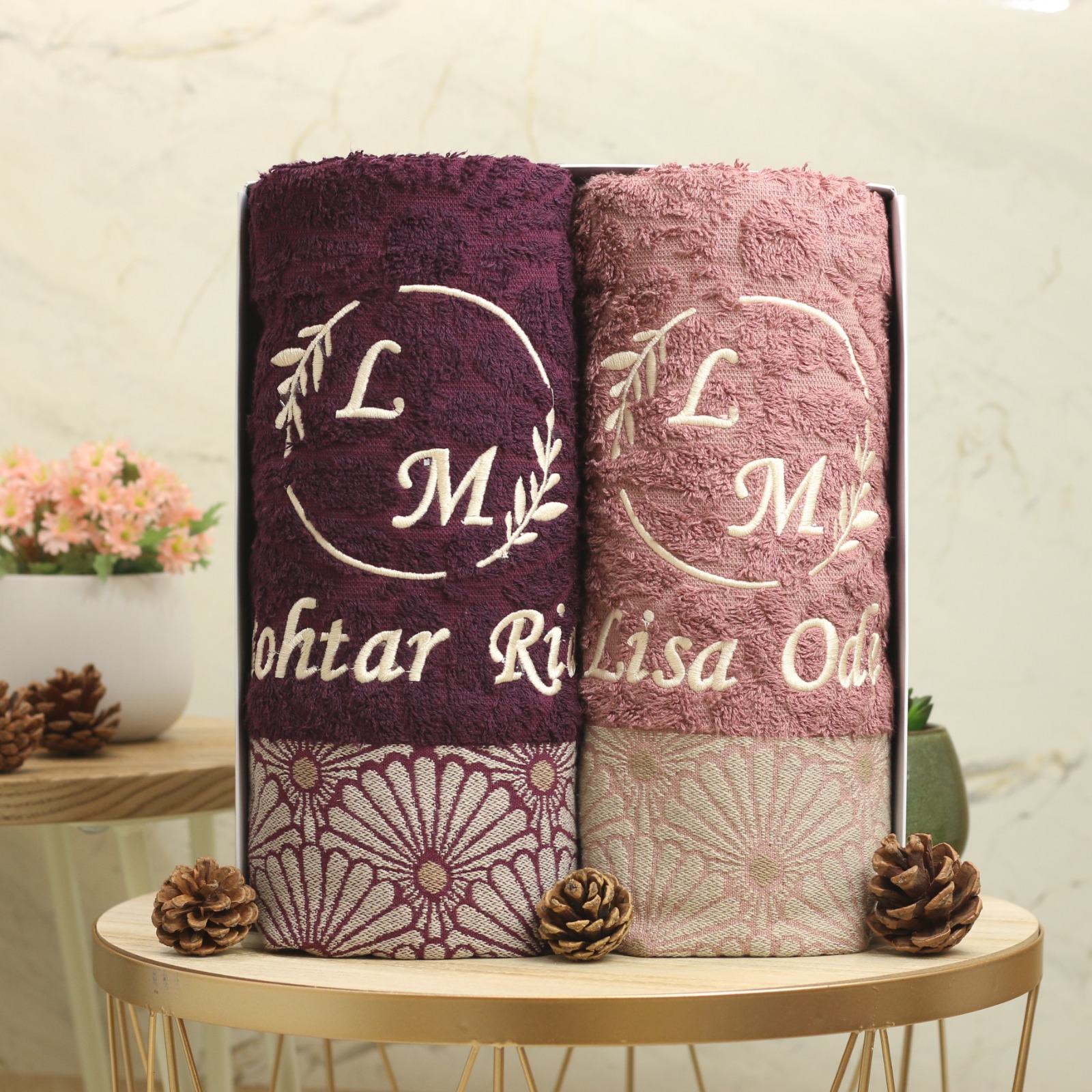 (2 Towels) Saving Package of Morning Whistle Couple Towels by Terry Palmer + Embroidered
