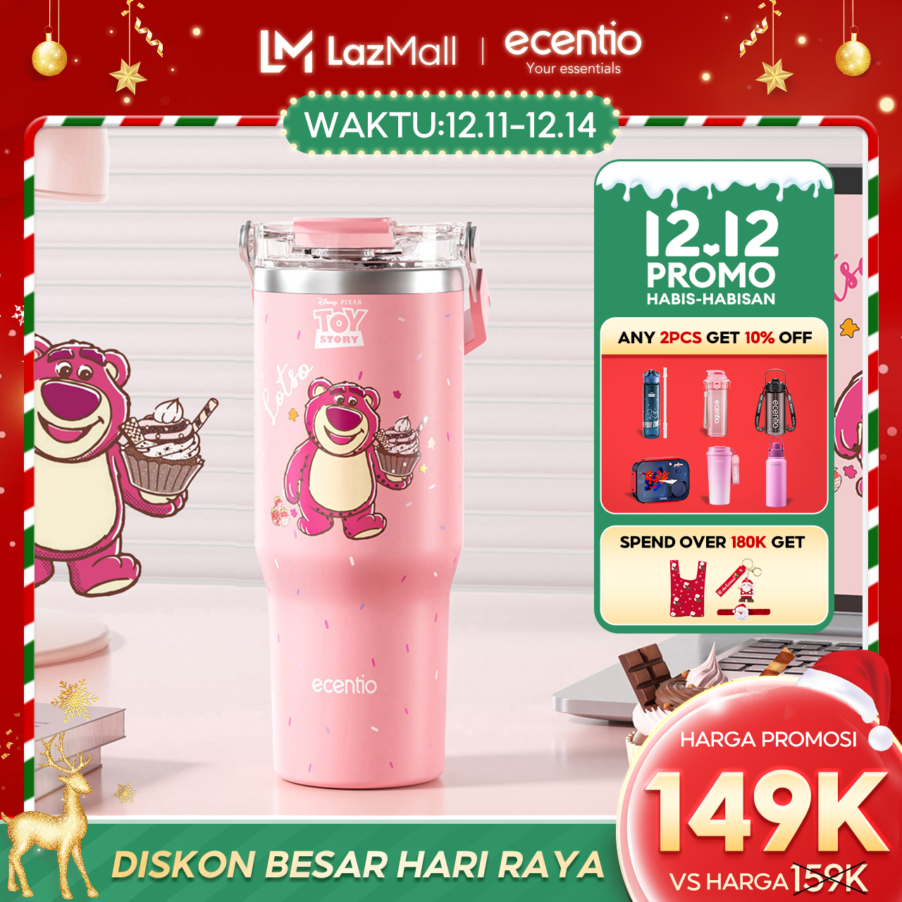 【20K Voucher】Ecentio Stainless Steel Tumbler Disney Lotso Cold-Resistant 24 Hours Bpa Free Coffee Thermos 900ml Stainless Steel Drinking Bottle 304 and Straw-C Harga 379,050 rupiah*Gratis Ongkir