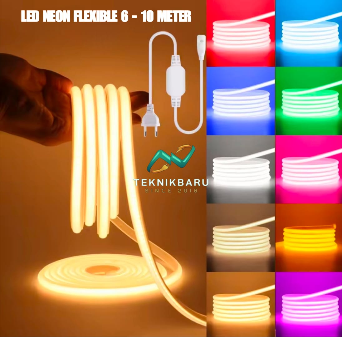 Lampu LED Neon Flex 220V 6-10 Meter + Soket | Dekorasi Plafon Cafe Rumah | Warna Lengkap | Terlaris!