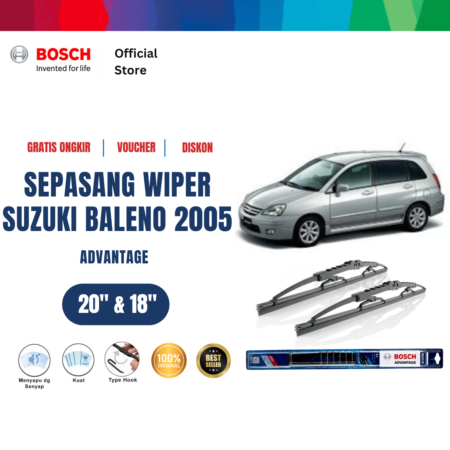 Bosch Sepasang Wiper Kaca Mobil Suzuki Baleno EG 1995 sampai 2005 Advantage 20 dan 18 inchi Harga 121,380 rupiah*Gratis Ongkir