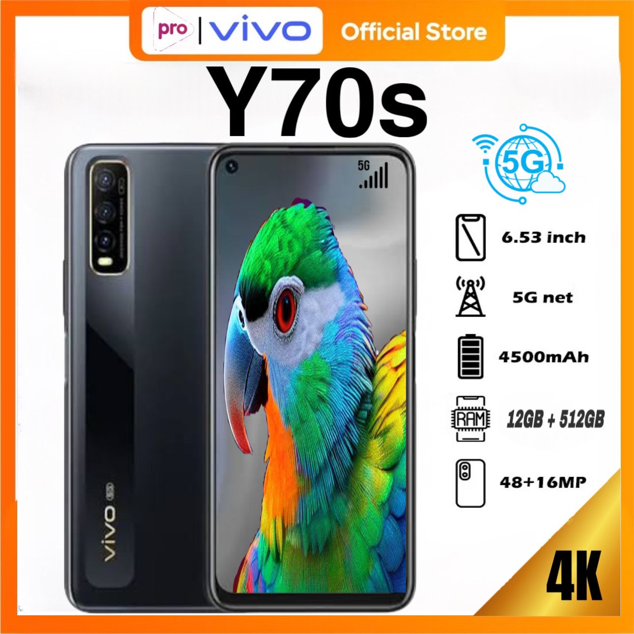 Vivo Y70Ss 5g Ram 12/512Gb 4K 6.53Inch Screen Biggest Ram New Hp with Warranty Harga  988,000 rupiah*Gratis Ongkir