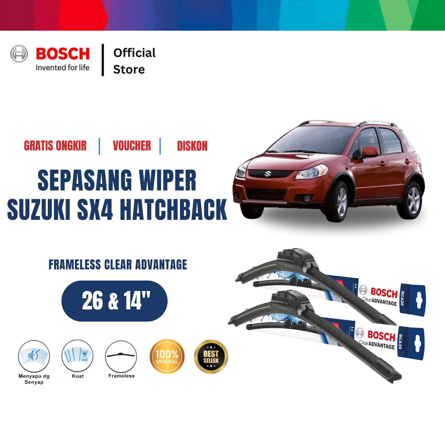 Bosch Sepasang Wiper Mobil Suzuki SX4 Hatchback Frameless Clear Advantage 26 dan 14 Inci Harga  203,235 Ringgit*Penghantaran Percuma