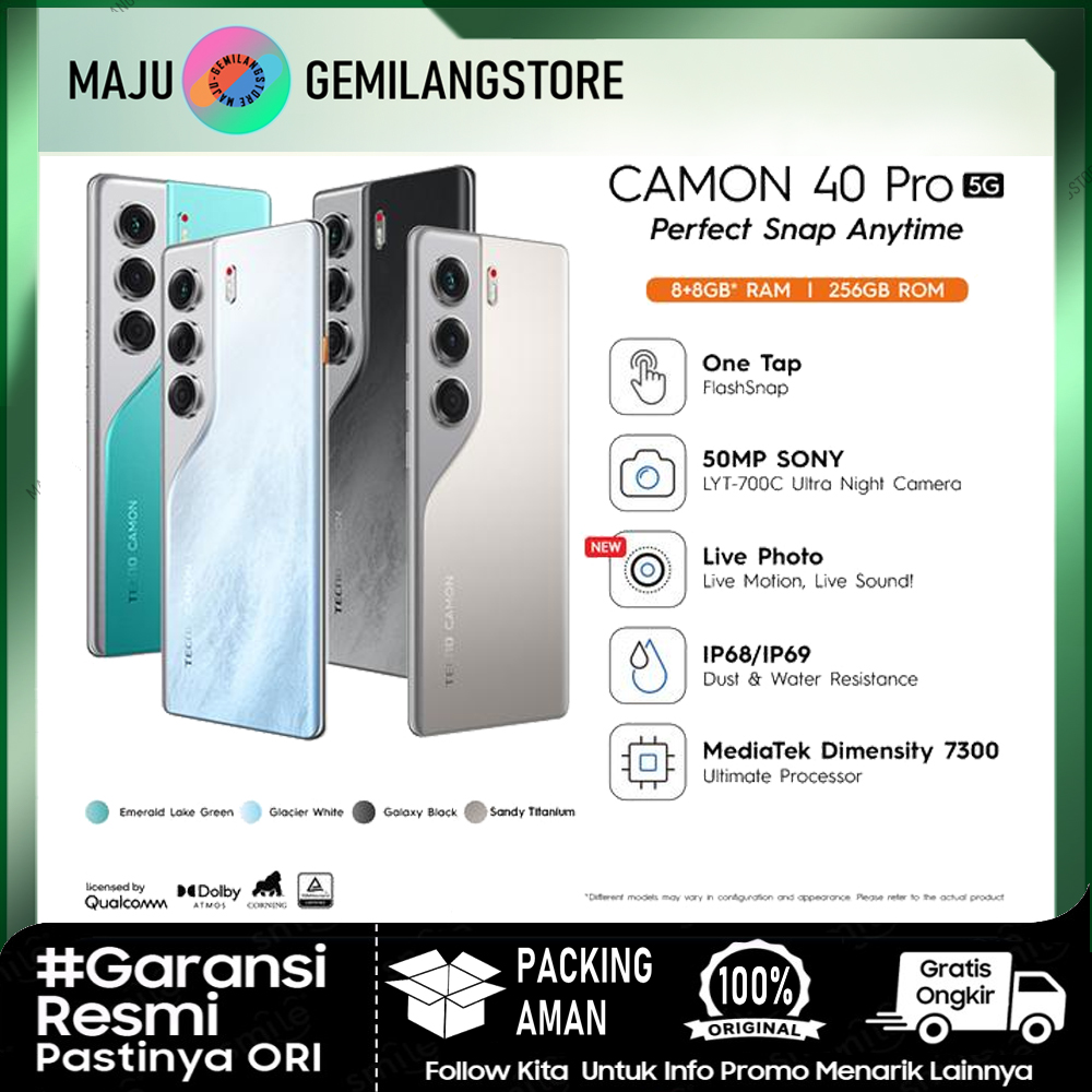Tecno Camon 40 Pro 5g - Ram 8+8Gb* & 12+12Gb/256Gb, Mediatek D7300 Ultimate, 6.78” Fhd+144Hz 3D Curved Amoled, 5200Mah Harga 3,879,000 rupiah*Gratis Ongkir