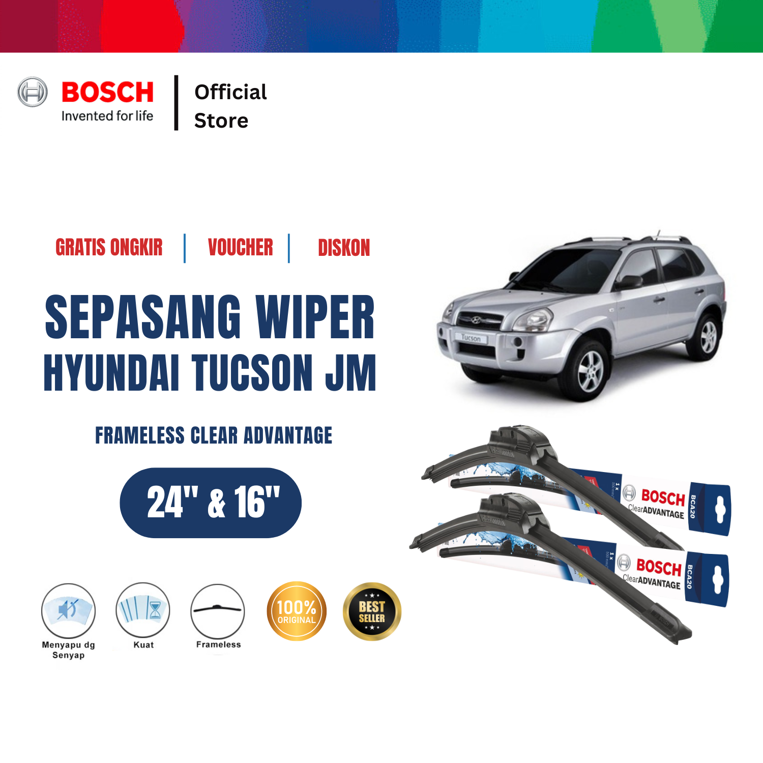 Bosch Sepasang Wiper Mobil Hyundai Tucson JM Frameless New Clear Advantage 24 dan 16 Inci Harga 197,115 rupiah*Gratis Ongkir