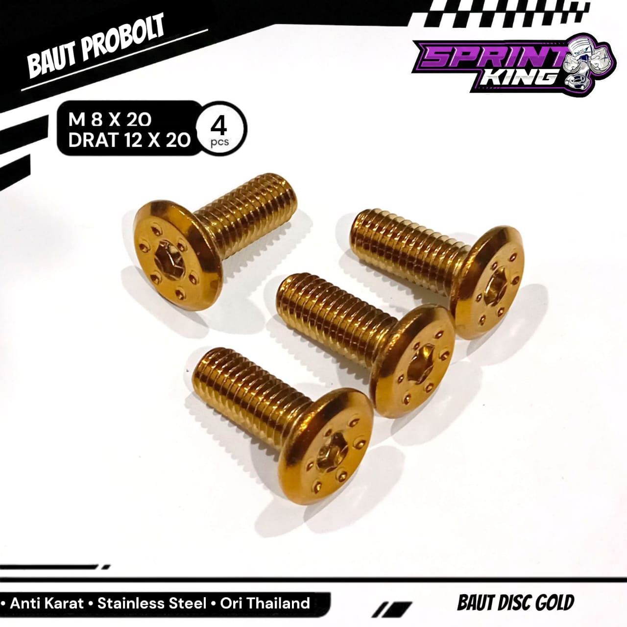 Slim Disc Bolts M8X20 Thread 12 Price for 4Pcs Probolt Disc Bolts Gold Spot Model Hrg55 Harga 5,000 rupiah*Gratis Ongkir