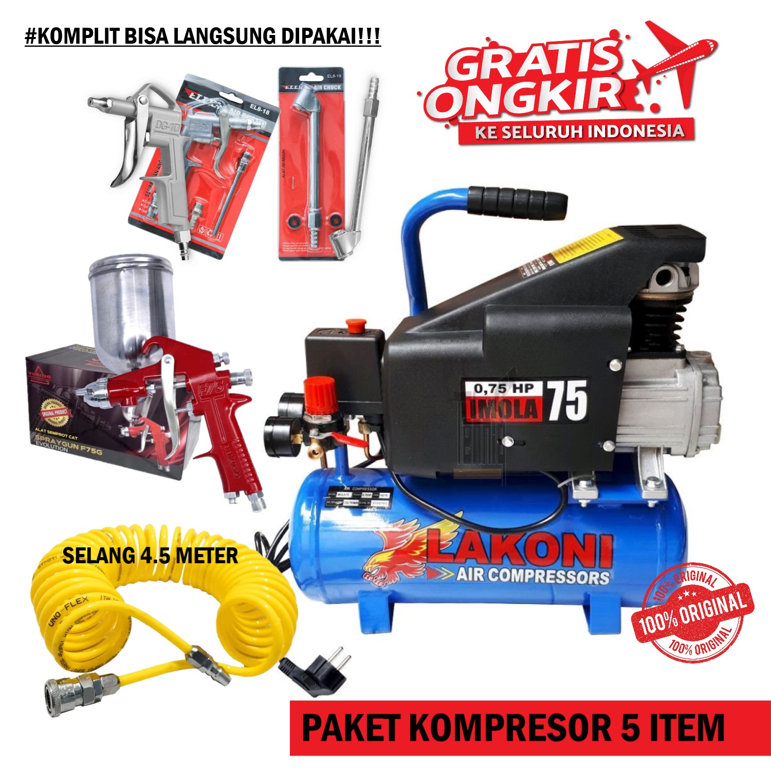 Paket Komplit LAKONI MESIN KOMPRESOR 10 Liter Spraygun F75+Airduster+Pentil angin+Selang 6meter Harga 1,311,900 rupiah*Gratis Ongkir
