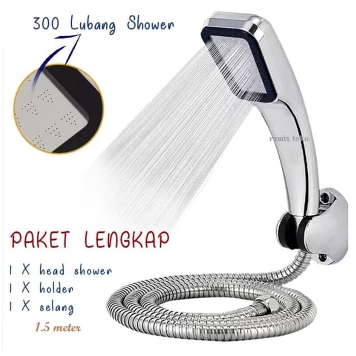 PAKET PROMO KOMPLIT FREE SELANG Shower Kepala Mandi Paket 300 Lubang Tekanan Tinggi Pancuran Aerator Head Filter Selang Rumah Salon Harga 22,900 rupiah*Gratis Ongkir