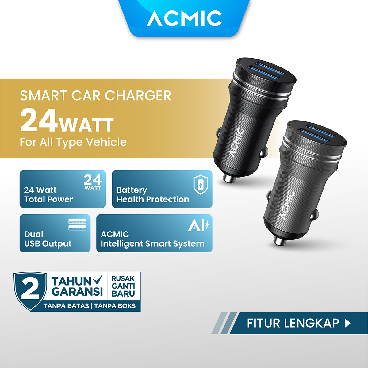 ACMIC CC02 Dual USB 24 Watt Car Charger Fast Charging Harga 44,000 rupiah*Gratis Ongkir