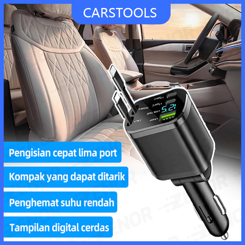 120W Fast Charging Car Charger for Cars & Motorcycles with Retractable Cable 5 in 1 USB Type-C and iPhone Harga 62,749 rupiah*Gratis Ongkir