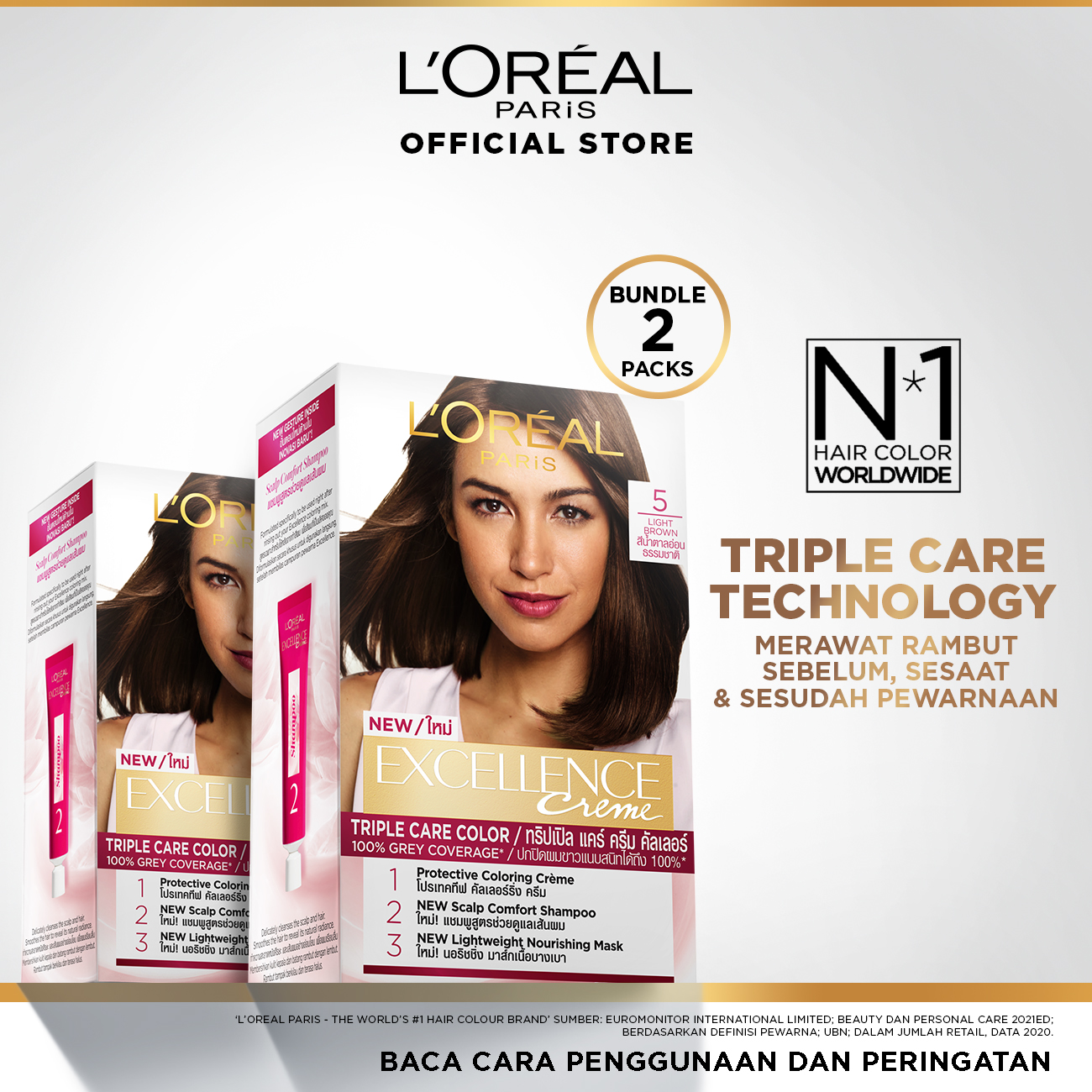 (Save pack of 2) L'Oreal Paris Excellence Creme Triple Care hair color #5 light brown (cat/permanent hair dye) Harga 234,500 rupiah*Gratis Ongkir