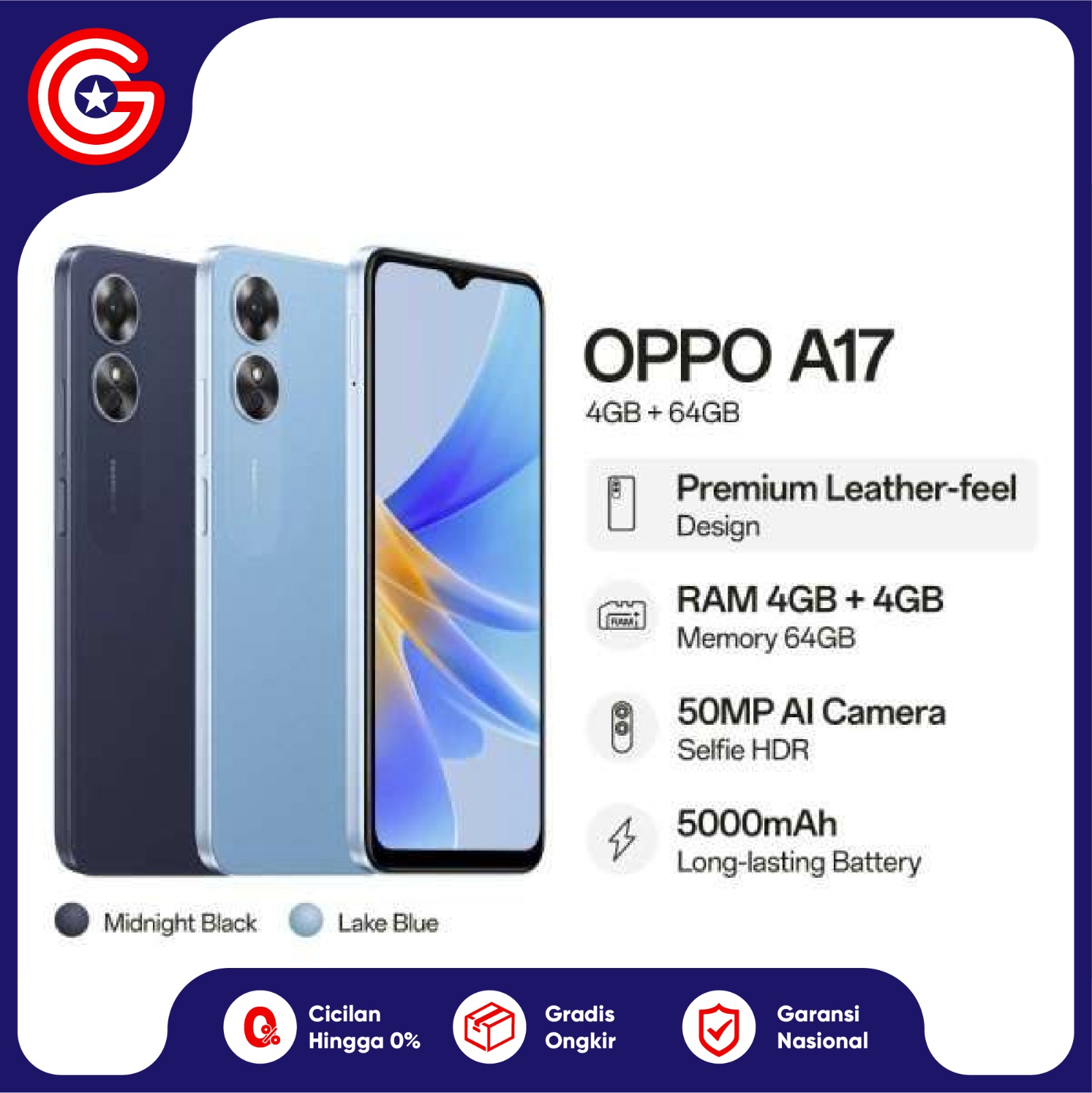 OPPO A17 4/64GB GARANSI RESMI 1 TAHUN Harga  1,929,000 Ringgit*Penghantaran Percuma