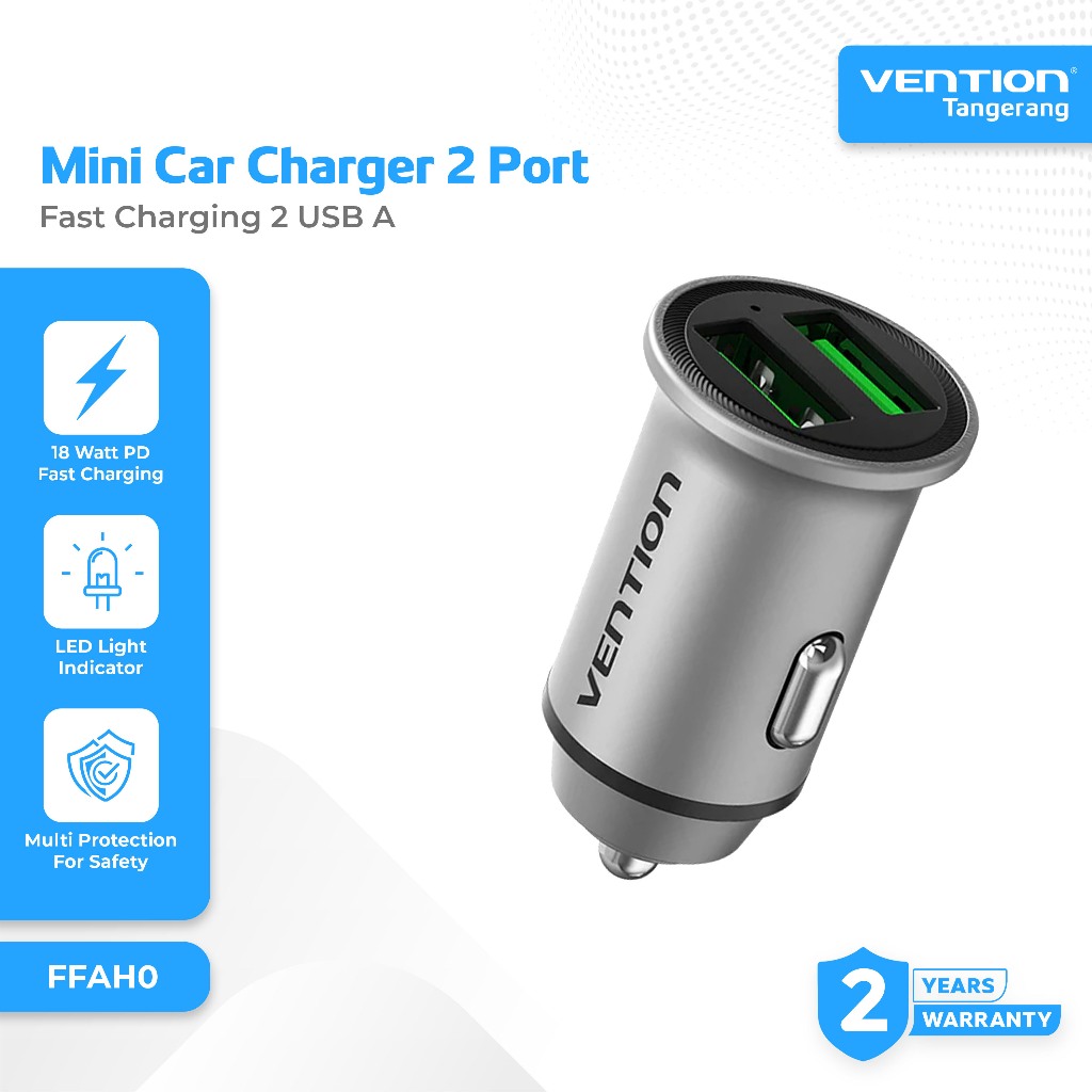 VENTION FFAH0 Car Charger Mini Dual 2 Port USB A 18W 2.4A Fast Charging Quick Charge PD Power Delivery Mobil Casan 18 Watt Saver Harga 99,000 rupiah*Gratis Ongkir