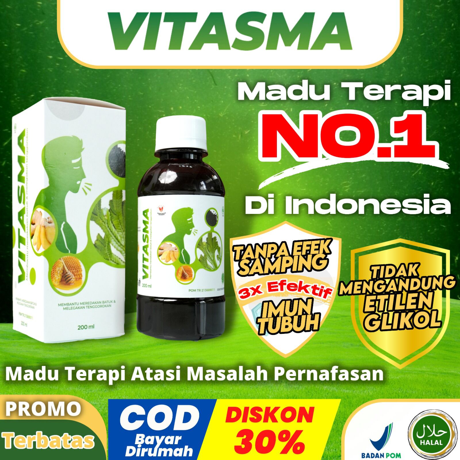 VITASMA - Madu Asma Herbal Atasi Masalah Asma TBC Paru Paru Sesak Nafas Sesak Napas Batuk Flek Obat Pernapasan Lega Aman Tanpa Efek Samping Harga  140,000 rupiah*Gratis Ongkir