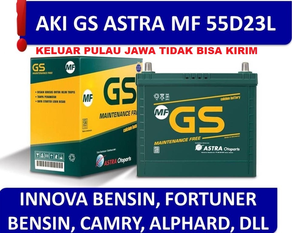 AKI MOBIL KERING AKI ORIGINAL GS ASTRA MF 55D23L untuk mobil Toyota Innova G / V Camry G / V / Q Fortuner TYPE G / V RAV 4 Toyota Alphard Suzuki Grand Escudo Suzuki Grand Vitara Nissan Teana Nissan Murano Nissan X-Trail Nissan New Serena Harga 1,513,000 rupiah*Gratis Ongkir