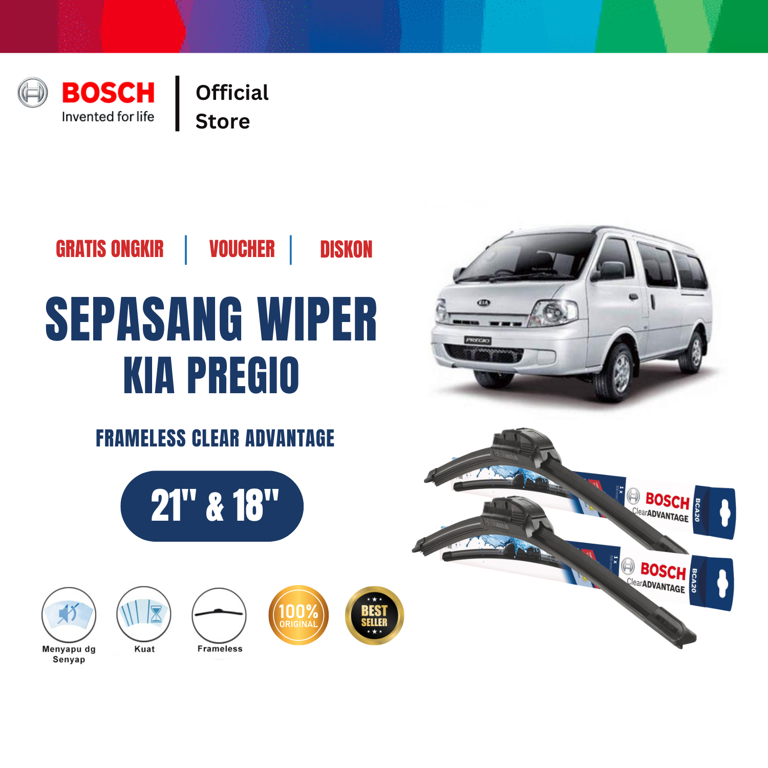 Bosch Sepasang Wiper Depan Frameless New Clear Advantage Mobil KIA Pregio TB (21" & 18") - 2 pcs/set Harga 203,575 rupiah*Gratis Ongkir