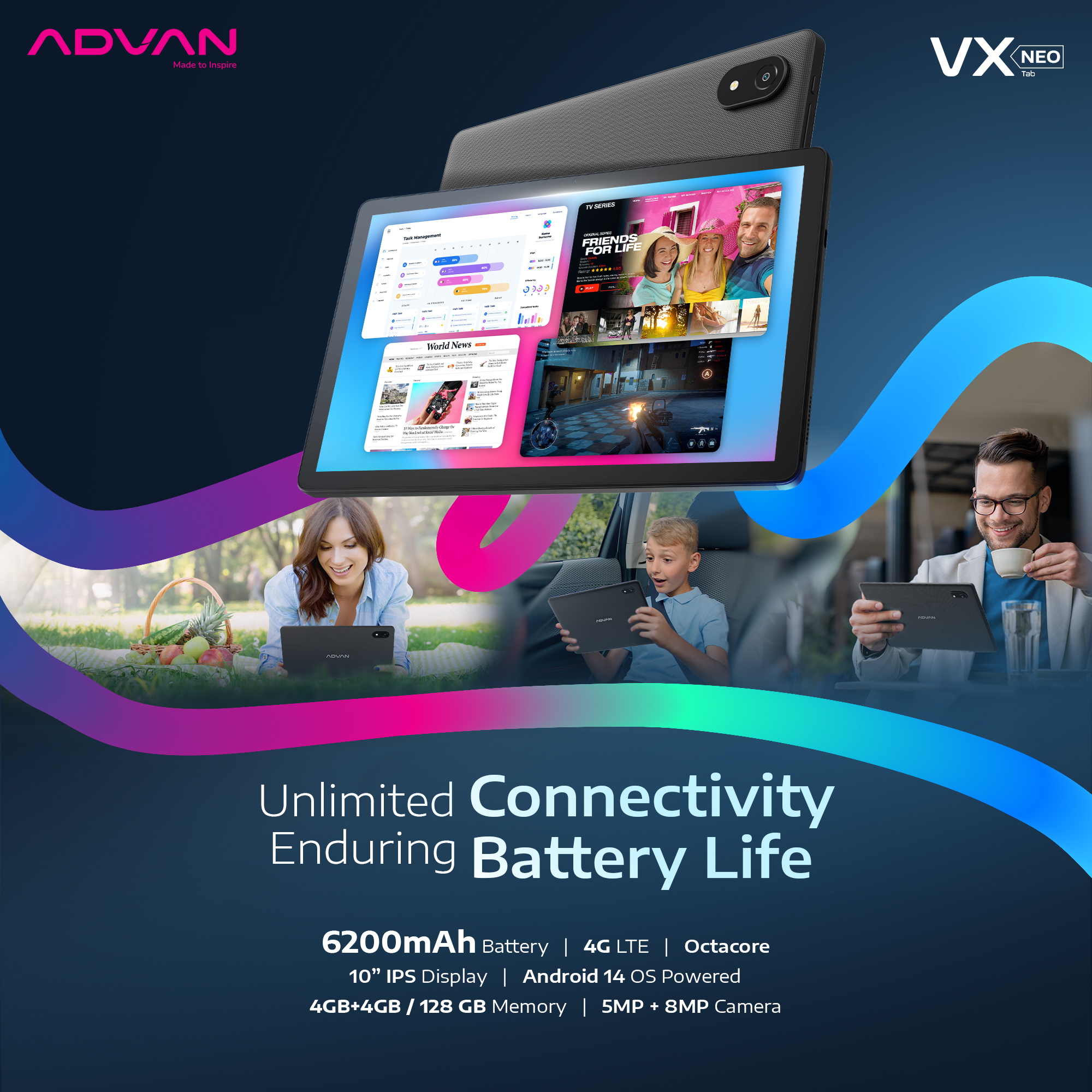 Advan Tab VX Neo (4GB+4GB/128GB) 10.1" IPS Screen Tablet Android 14 6200 mAh Garansi 1 Tahun Harga  1,799,000 Ringgit*Penghantaran Percuma