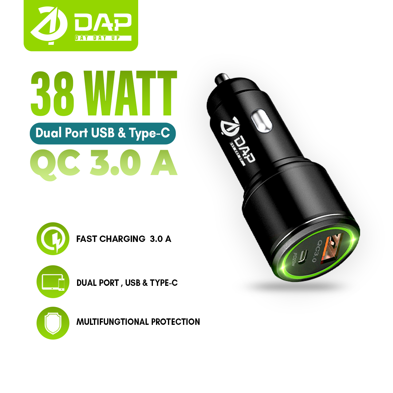 Car Charger DAP D-CCP5 38w Type-C Pd+Usb Quick Charge 3.0 . Original - Garansi Resmi 1 Tahun Harga 64,020 rupiah*Gratis Ongkir