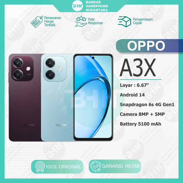 Oppo A3X - Qualcomm Snapdragon 6s 4G Gen1 | SUPERVOOCTM 2.0, 45W Baterai 5100mAh | Garansi Resmi | Gratis Ongkir Giá 1,799,000 Đồng*Miễn phí vận chuyển