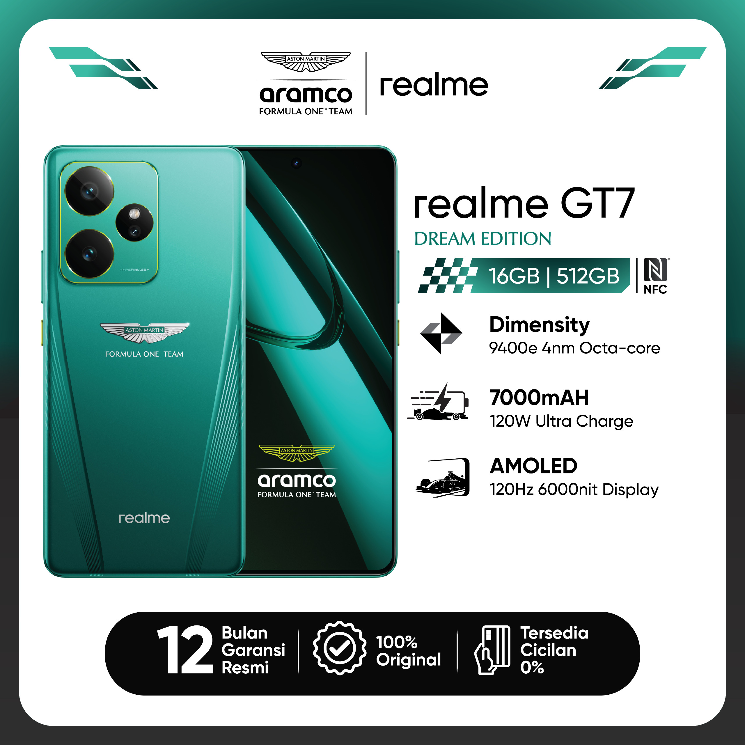 Realme Gt 7 Dream Edition 16Gb+512Gb (Aston Martin Green) | Mediatek Dimensity 9400E | Battery 7000Mah Harga 10,499,000 rupiah*Gratis Ongkir