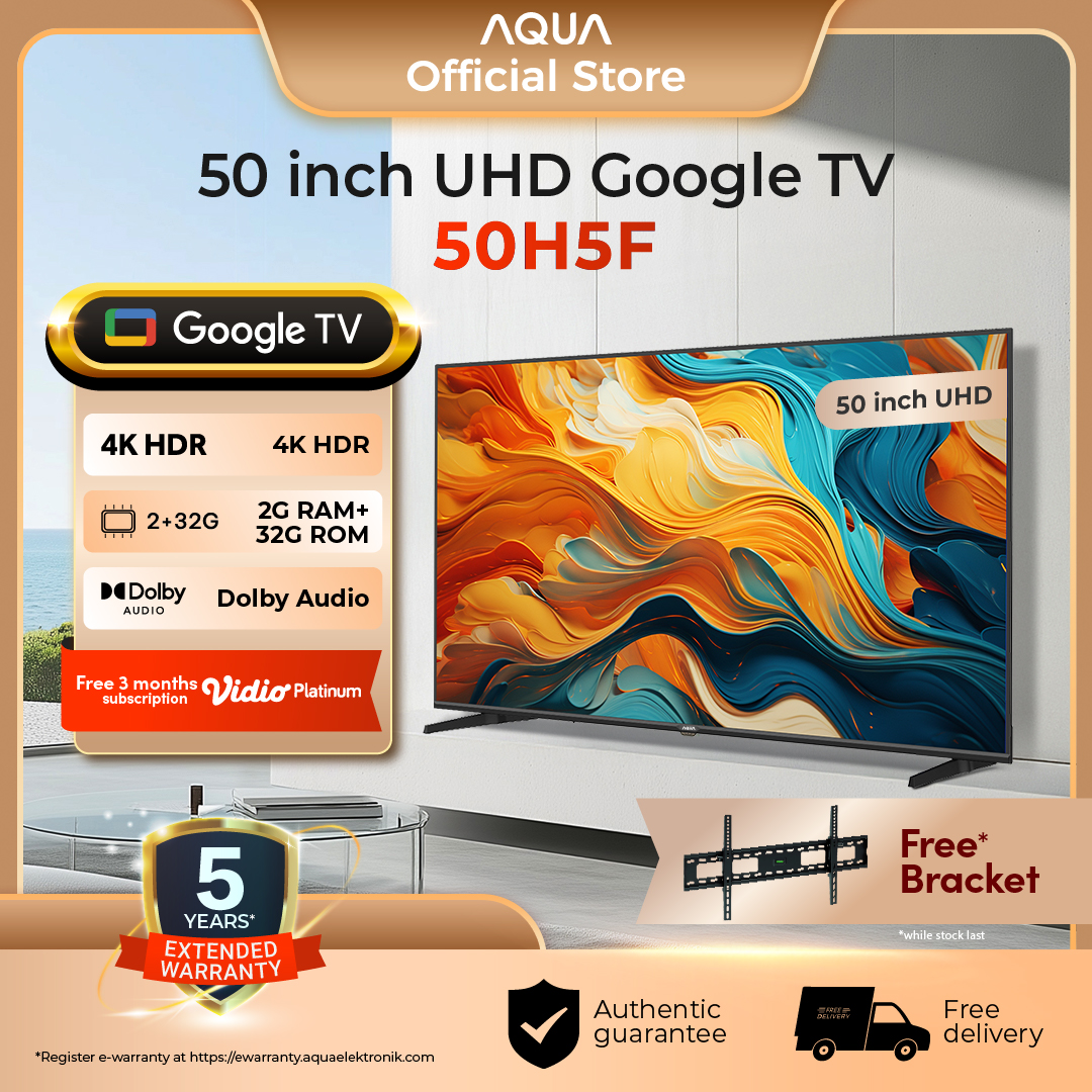 AQUA Elektronik TV 50H5F - MEMC - 4K HDR -Dolby Audio- Google Play/Netflix/Youtube/Disney+Hotstar - RAM 2GB ROM 32GB Harga  4,299,000 rupiah*Gratis Ongkir