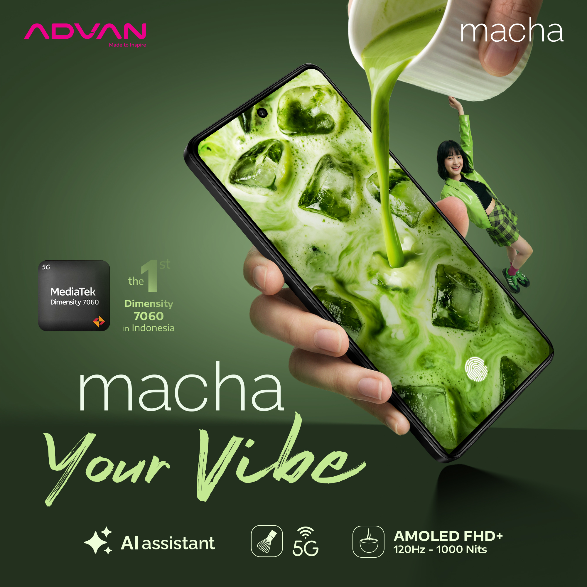 Advan Smartphone Macha 5g | Dimensity 7060 | Amoled 6.67 Inch 120Hz | Ram 8Gb + Storage 256Gb Ufs 3.1 | Android 15 | Fast Charging 33W + Bypass Charging | Nfc | 5000Mah Battery Harga 2,999,000 rupiah*Gratis Ongkir