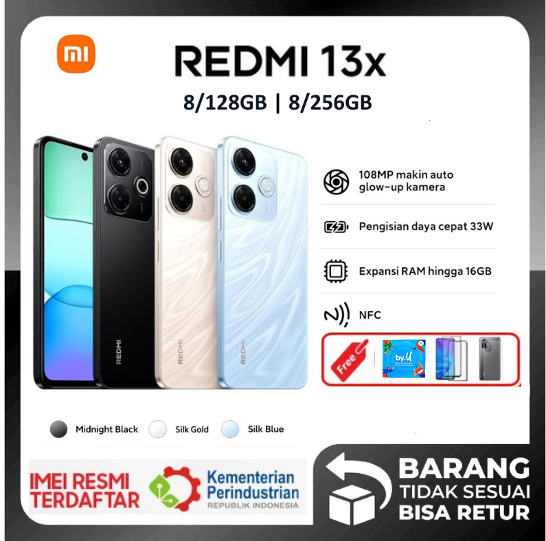 Xiaomi Redmi 13x RAM 8/128GB 8/256GB 108mp NFC-new warranty Xiaomi Redmi 13 x-midnight black, RAM 8/128GB - Merek Xiaomi Harga 1,620,000 rupiah*Gratis Ongkir