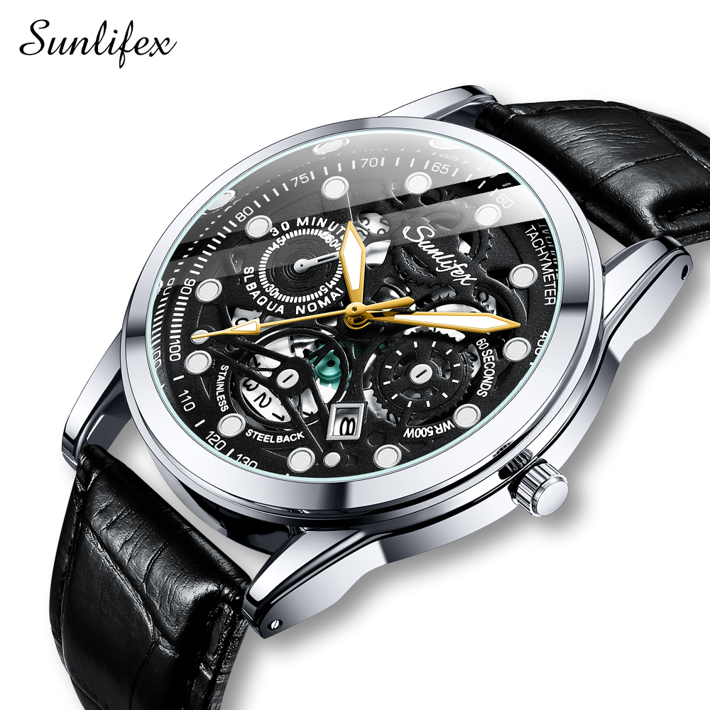 Sunlifex Jam Tangan Pria Dial Berongga Tanggal Santai Mode Tali Kulit Jam Tangan Cowok 7001