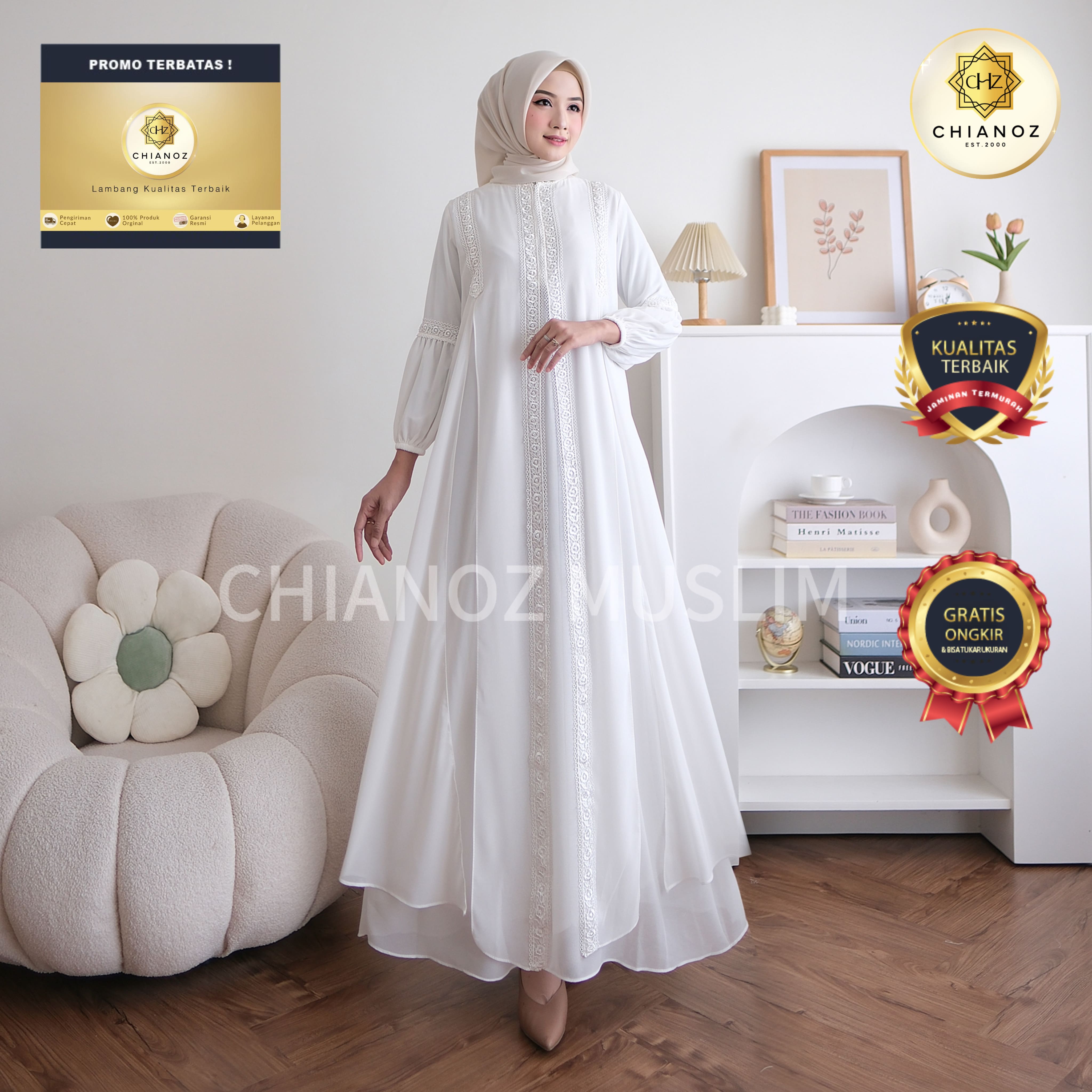 Chianoz Luxurious White Gamis Dinda Floral Lace Dress Eid Clothes Umrah Hajj Manasik Luxury Ceremony Party 962 Harga 193,420 rupiah*Gratis Ongkir