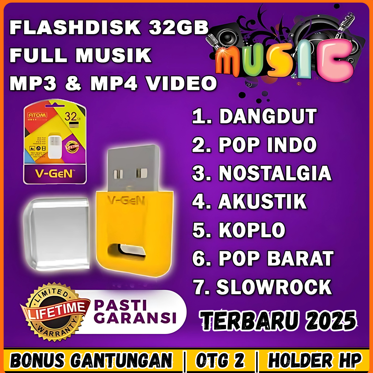 Flashdisk Lagu Pilihan Berbagai Genre 32 GB 3000+ Lagu & Vidio Klip Bonus OTG dan Holder HP Harga 89,100 rupiah*Gratis Ongkir