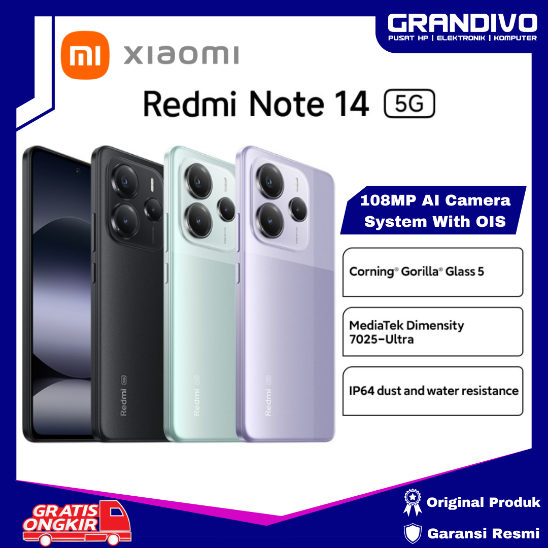 Xiaomi Redmi Note 14 5G RAM 12GB/512GB | 108mp AI camera system with OIS | MediaTek dimension 7025 ultra | Corning Gorilla Glass 5 | IP64 dust andn water resistant-new official warranty-grandivo Harga 3,358,500 rupiah*Gratis Ongkir