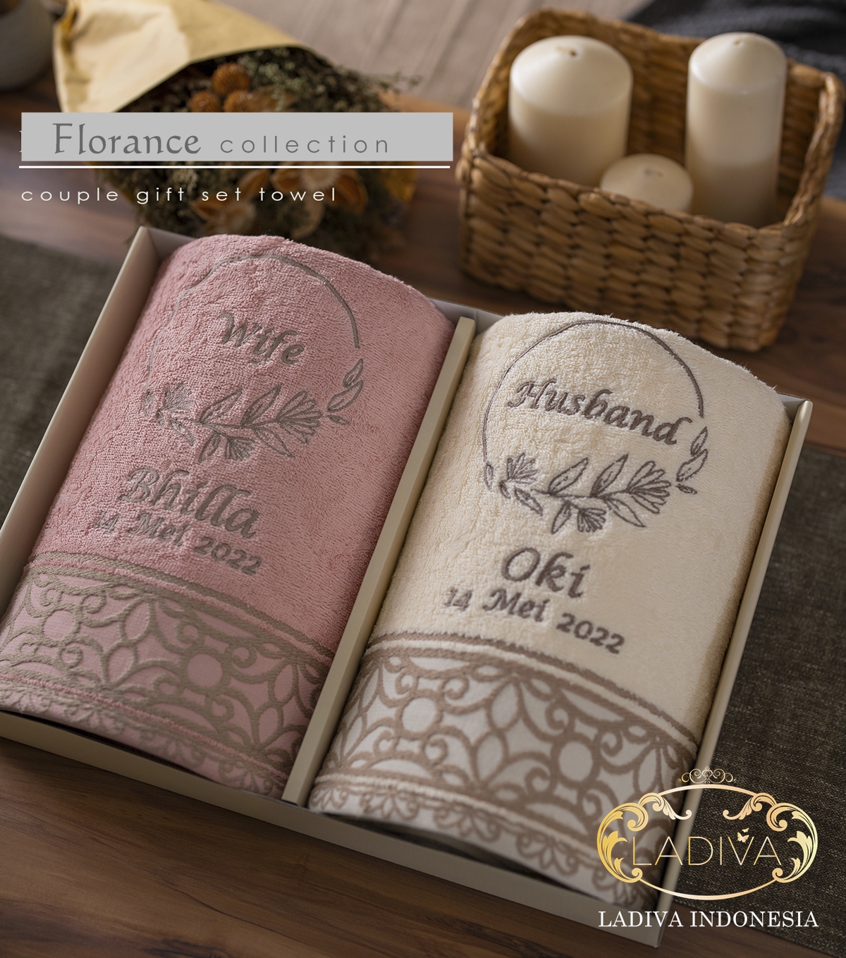 LUXURY COUPLE hadiah box SET - Couple Towel FLORANCE Series with CUSTOM BORDIR + EXCLUSIVE BOX + FREE…