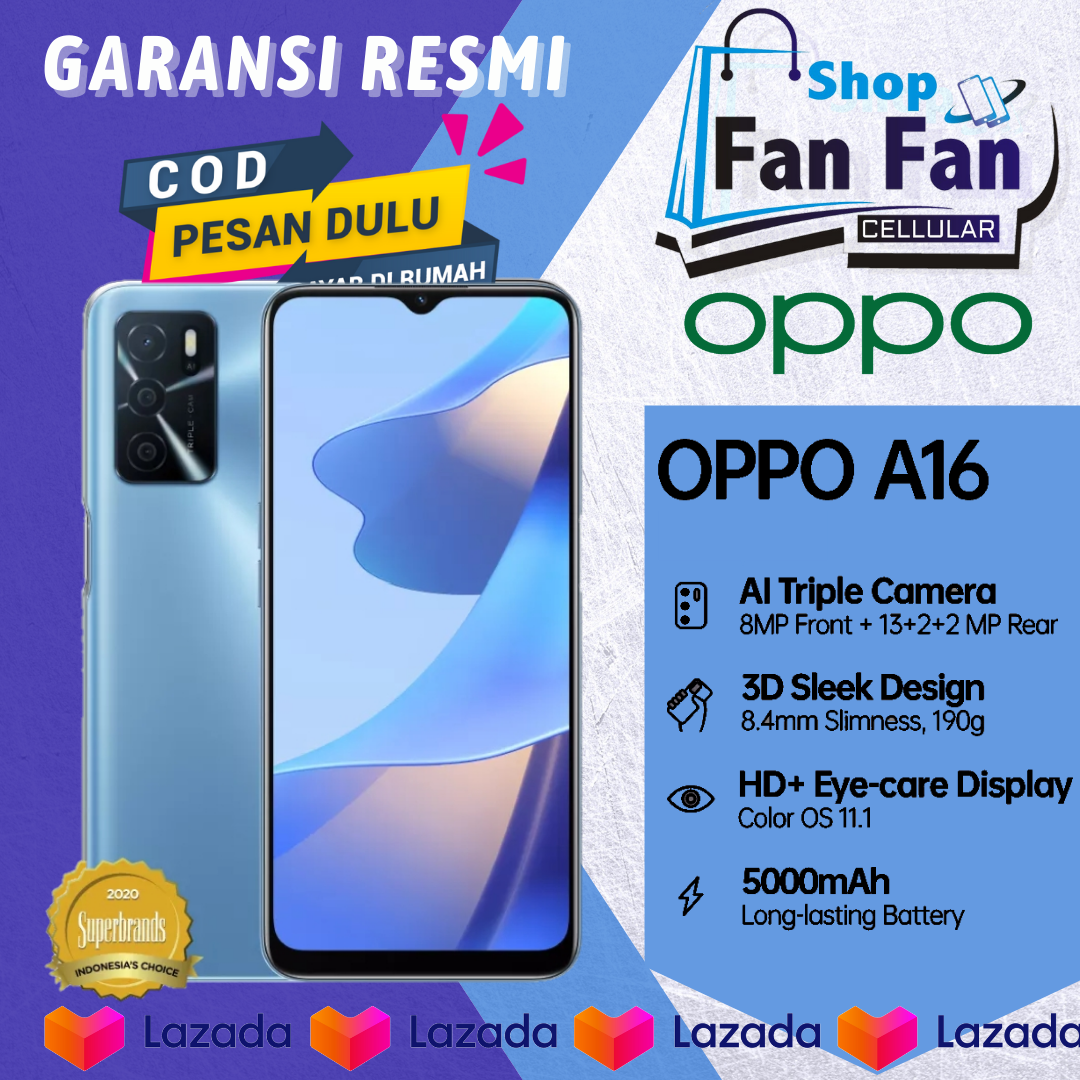 OPPO A16 3/32GB  Dan 4/64GB   Garansi Resmi OPPO Indonesia 4230mAh Battery - AI Face Unlock