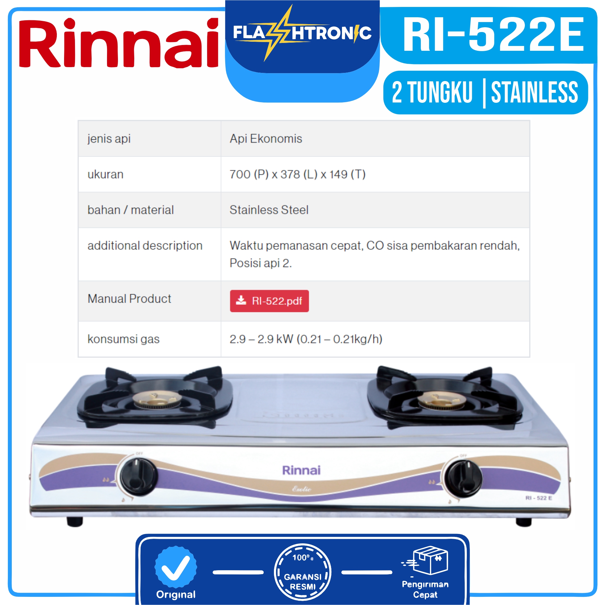 	 Rinnai Kompor Gas 2 Tungku Stainless RI-522E	