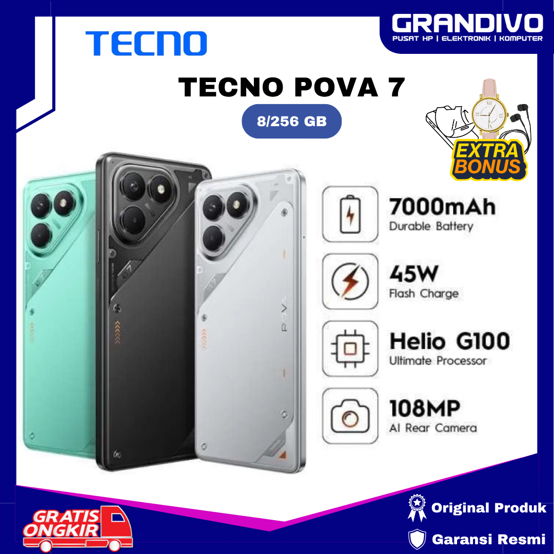 Ready Tecno Pova 7 RAM 8/256GB hyper gaming engine-120Hz FHD + vivid display official warranty-grandivo Harga 2,340,000 rupiah*Gratis Ongkir
