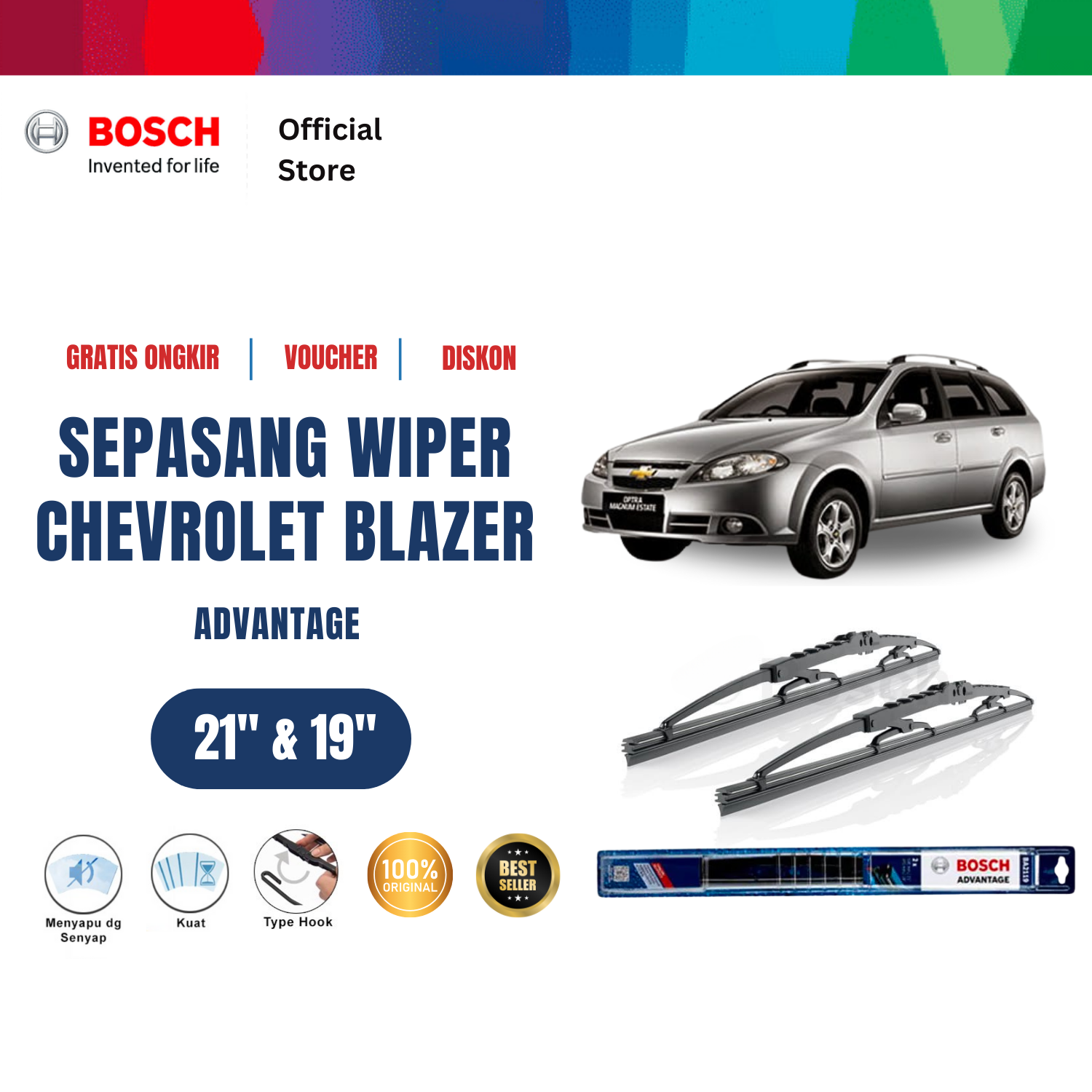 Bosch Sepasang Wiper Kaca Mobil Chevrolet Blazer Advantage 21 dan 19 inchi Harga 131,835 rupiah*Gratis Ongkir