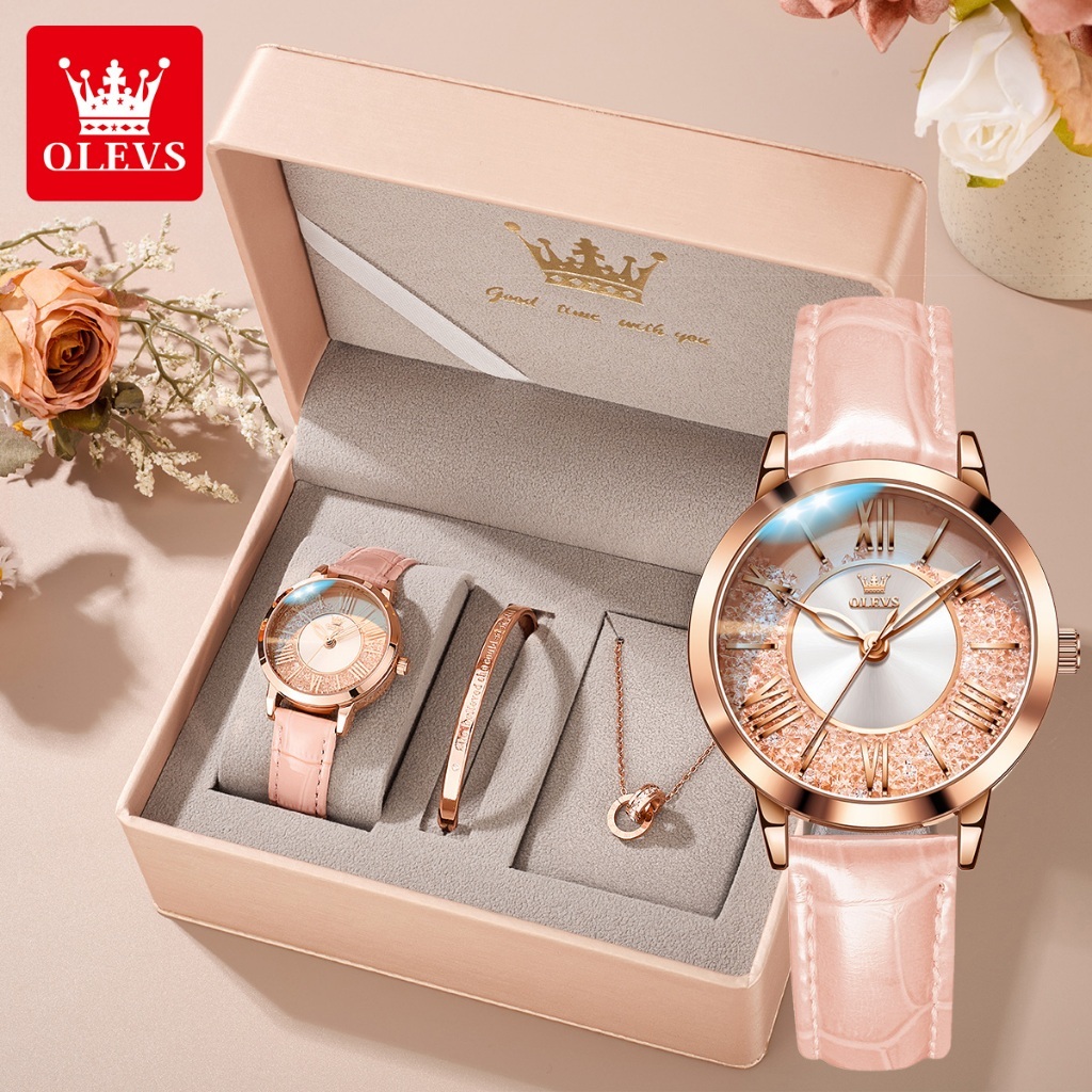 Olevs women's original elegant waterproof pink watch strap leather diamond wristwatch gift box Harga 331,200 rupiah*Gratis Ongkir