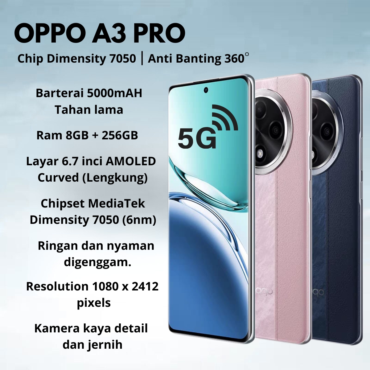 Hp Oppo A3 Pro LTE 5G Ram 8GB+256 Large Battery 5000 Mah Supervooc Official Guarantee SEIN 1 Tahun Harga  1,499,000 Ringgit*Penghantaran Percuma