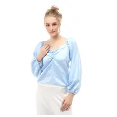 Hamlin Cheva Blouse Casual Wanita Sabrina Kerut Dada Lengan Panjang Material Satin ORIGINAL - Blue