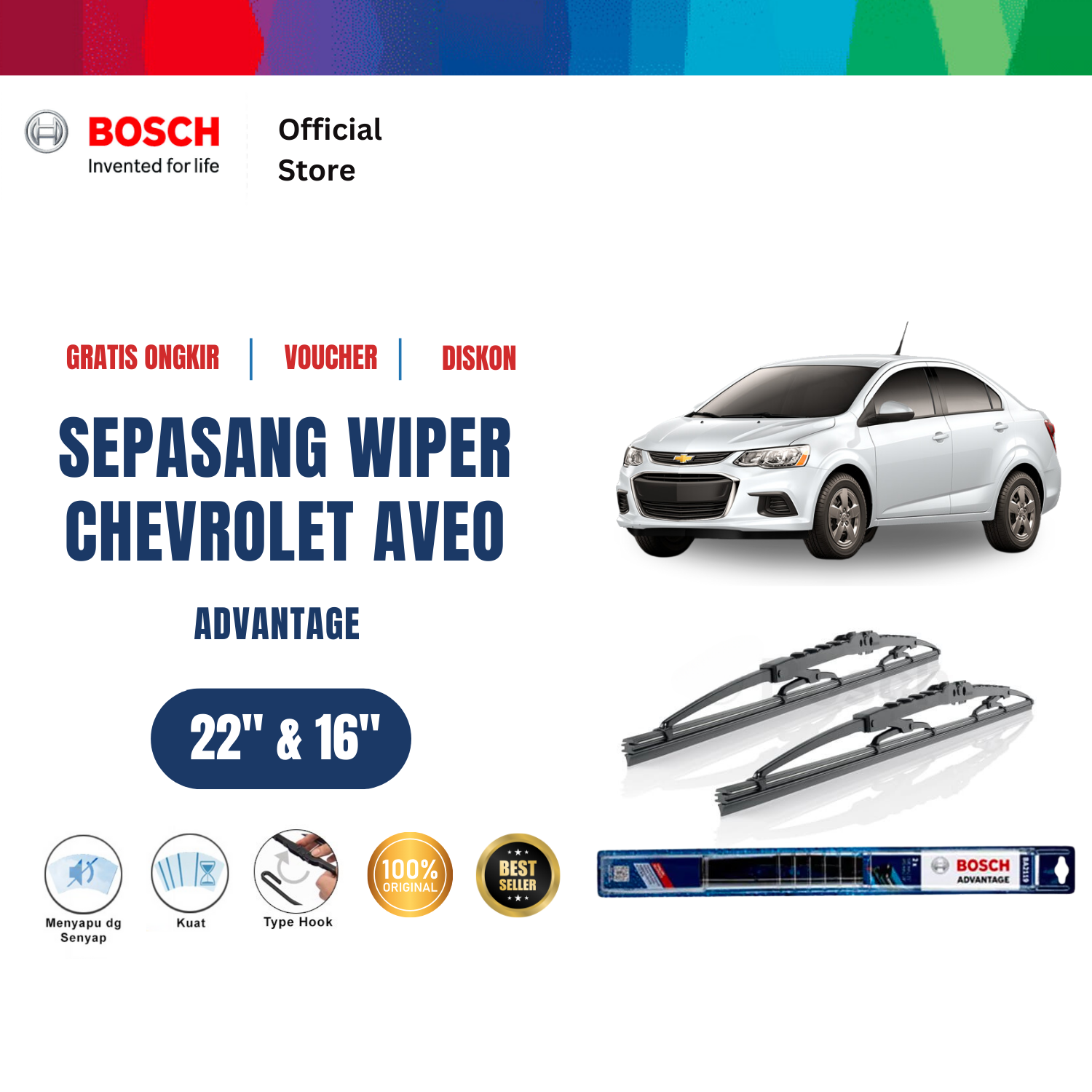 Bosch Sepasang Wiper Kaca Mobil Chevrolet Aveo Hatchback Advantage 22 dan 16 inchi Harga 134,130 rupiah*Gratis Ongkir