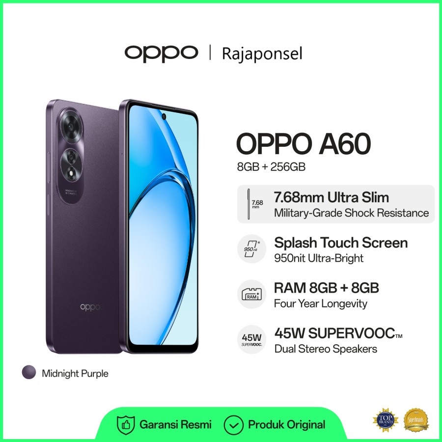 OPPO A60 RAM 8/256GB Camera 50MP Chipset Snapdragon Battery 5000mAh VoocCharge 45W Giá 2,799,000 Đồng*Miễn phí vận chuyển