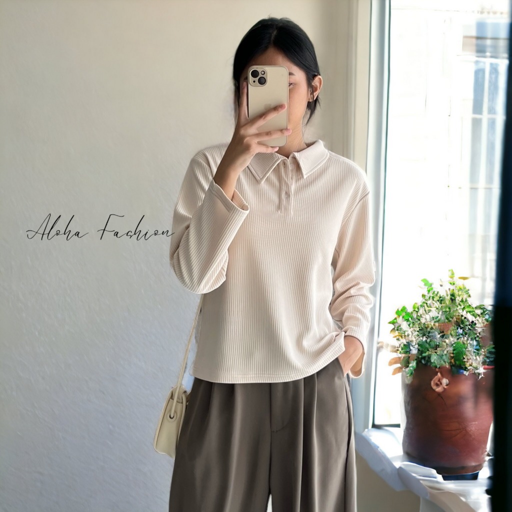 ALOHA Cerine Knit Top Lengan Panjang Kaos Polo Kerah Rajut Premium