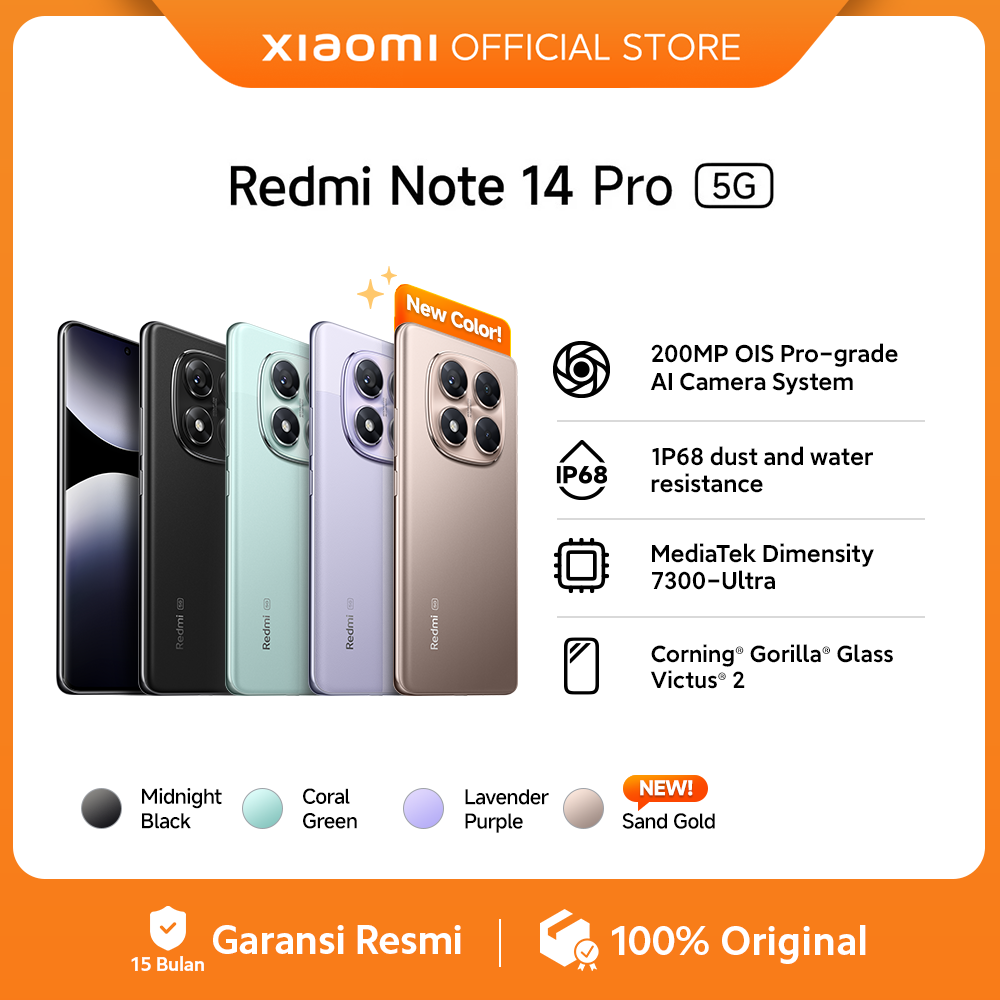 Xiaomi Redmi Note 14 Pro 5g | 200Mp Ois Pro-Grade Ai Camera System | Ip68* Dust and Water Resistant | Mediatek Dimensity 7300-Ultra | Corning ® Gorilla ® Glass Victus ® 2 [Official Store] Harga  4,598,000 Ringgit*Penghantaran Percuma