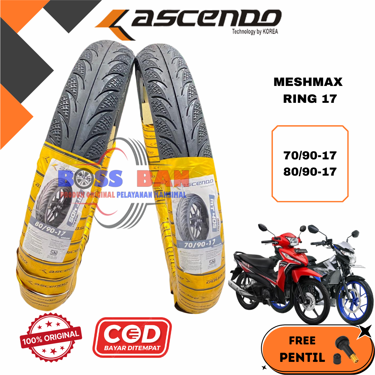 Free tubeless and 80/90/17 tubeless free Revo supra Fu duck motorcycle valve mesomax mt405 70/90-17 outer tire Harga 183,011 rupiah*Gratis Ongkir