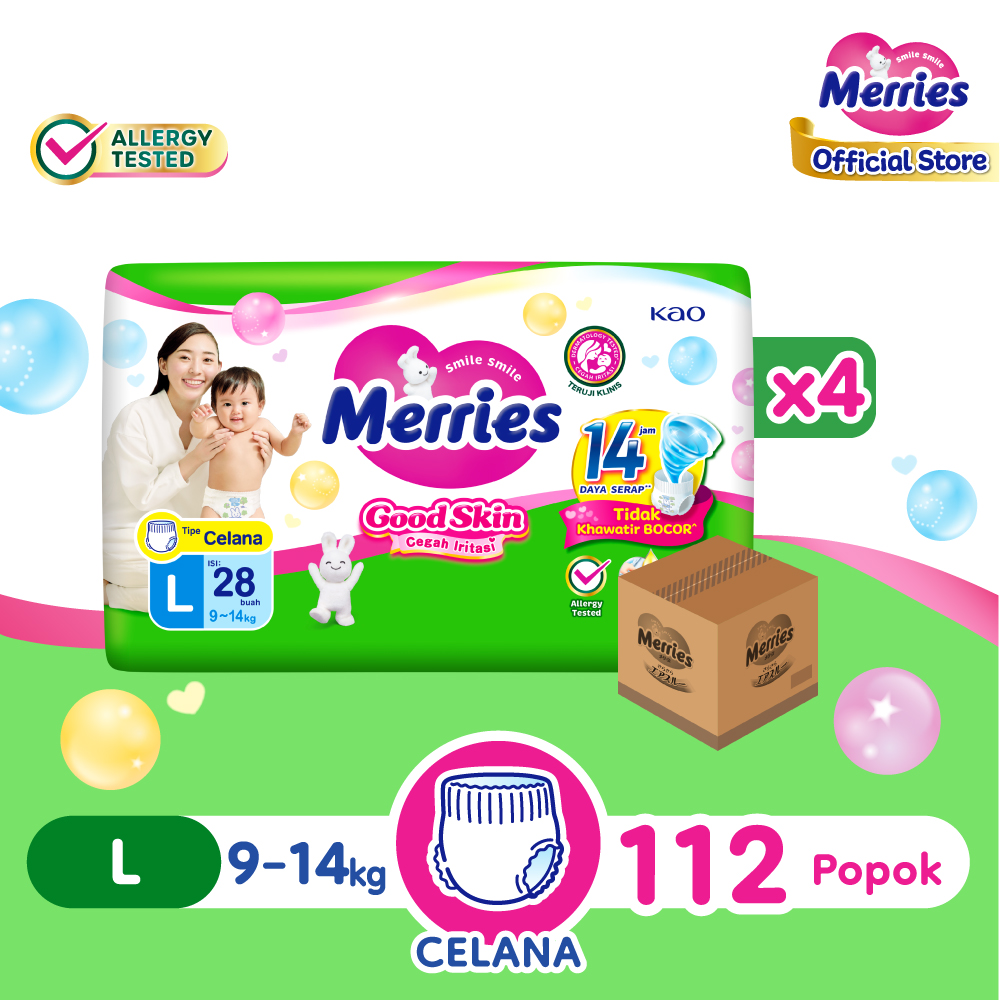 Merries Popok Bayi Good Skin Pants L (9 - 14 kg) - 28 x 4 - Isi 112 (Carton) - Diapers Lembut Untuk Mencegah Iritasi dan Cepat Menyerap cairan Harga 212,700 rupiah*Gratis Ongkir